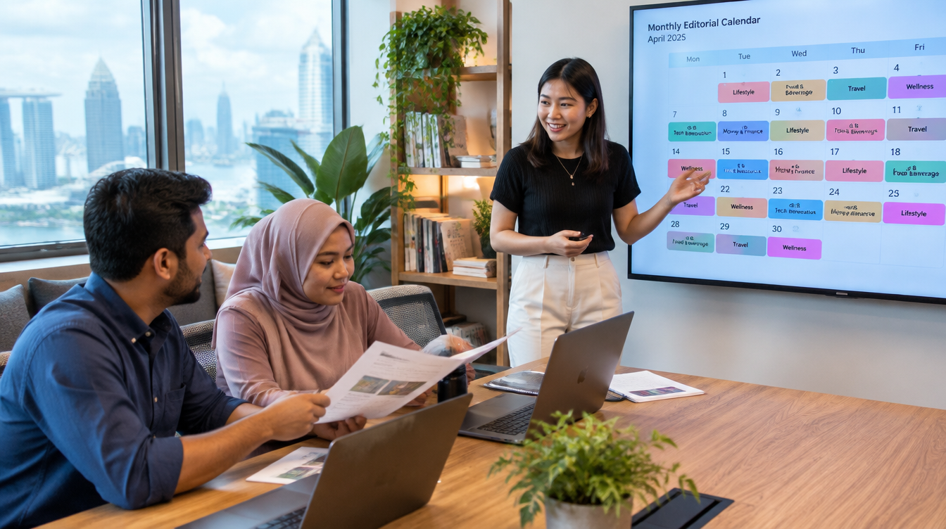 Content strategist presenting a monthly editorial content calendar to a marketing team in a Singapore office