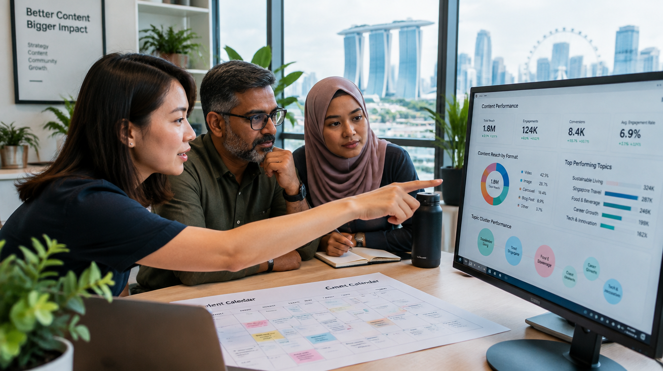 Content Strategy Team Reviewing a Content Repurposing Plan in a Singapore Office