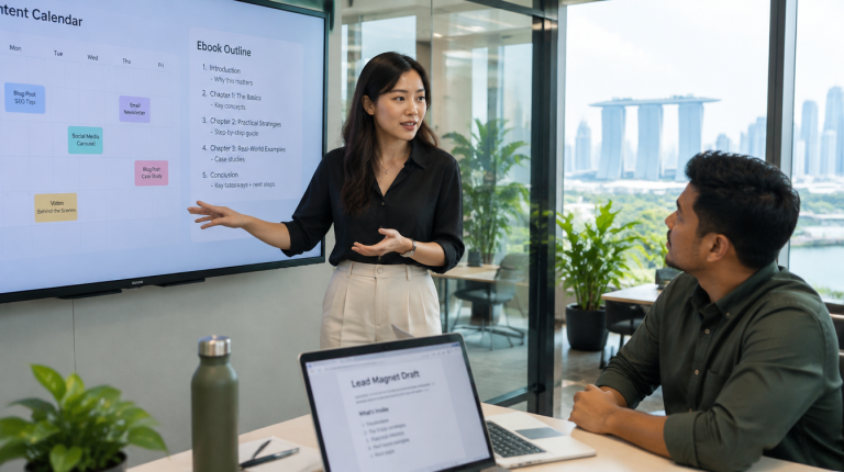 Content Strategist Presenting a Lead Magnet Content Plan in a Singapore Office