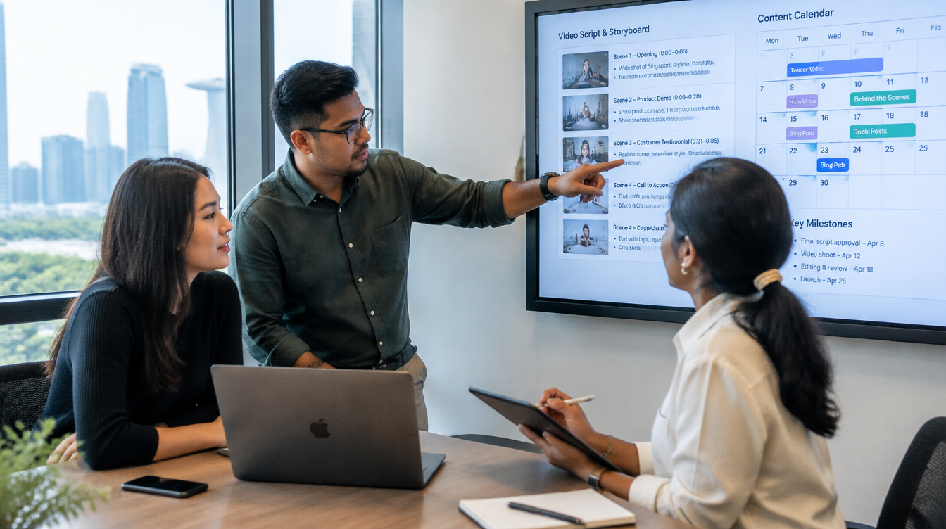 B2B Content Team Reviewing a Video Script and Content Calendar in a Singapore Office